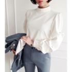 Mock-neck Shirred-sleeve Top Ivory - One Size