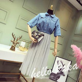Mesh Panel Short Sleeve Collared Denim Dress