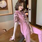 Set: Puff-sleeve Leopard Print Blouse + Chiffon Vest + Dress Pants + Belt