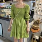 Elbow-sleeve Frill Trim A-line Mini Dress Green - One Size