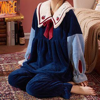 Loungewear Set : Coral Fleece Lapel Bow Top + Pants