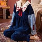 Loungewear Set : Coral Fleece Lapel Bow Top + Pants