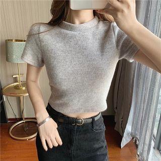 Plain Crewneck Slim-fit Short-sleeve Top