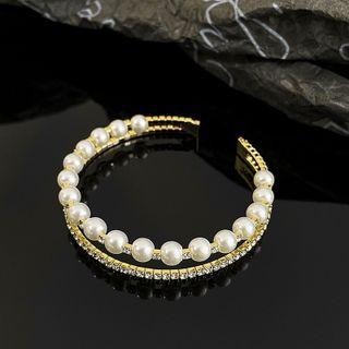 Faux Pearl Rhinestone Open Bangle Gold - One Size