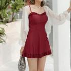 Set: Spaghetti Strap Plain Swim Dress + Cover-up