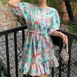 Puff-sleeve Tie Dye Mini Smock Dress / Midi Dress