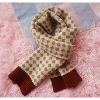 Checker Knit Scarf Off-white & Red & Brown - One Size