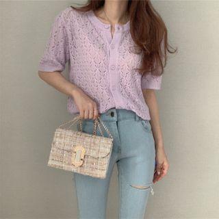 Short-sleeve Crocheted Button Knit Top