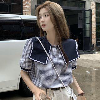Short-sleeve Sailor-collar Plaid Blouse Plaid - Blue - One Size