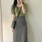 Short-sleeve Knit Top / Gingham Midi Pencil Skirt