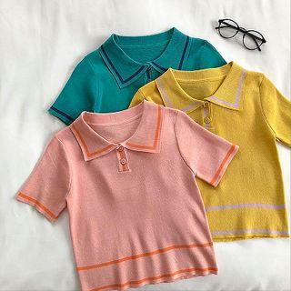 Color-block Short-sleeve Knot Top