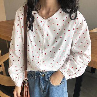 Heart Print Long-sleeve Loose-fit Blouse As Figure - One Size