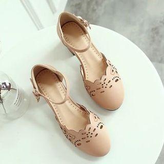 Faux Leather Laser Cut Block Heel Sandals