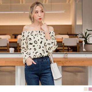 Off-shoulder Leopard Print Long Sleeve Chiffon Top