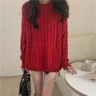 Round-neck Linen Flower Long-sleeve Knit Top Red - One Size