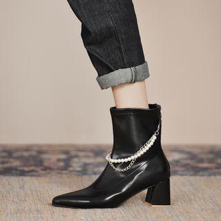 Pointed Block Heel Faux Pearl Short Boots