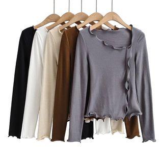Long Sleeve Ruffled-trim Plain Top