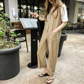 V-neck Sleeveless Linen Jumper Pants