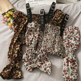 Buckled-strap Floral Smocked Crop Top