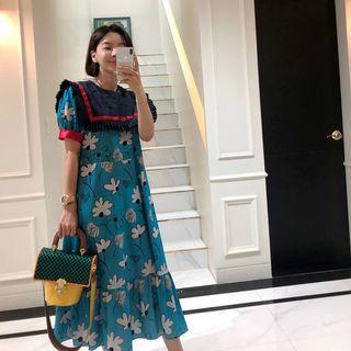 Contrast Sailor-collar Long Floral Dress