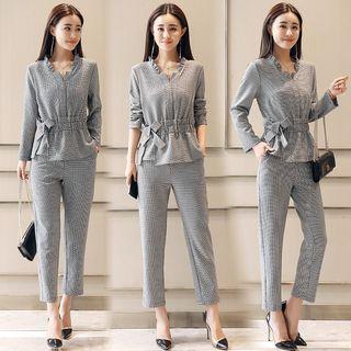 Set: Long-sleeve Plaid Top + Dress Pants