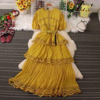 Elbow-sleeve Lace Trim Layered Maxi A-line Dress