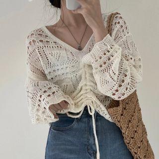 V-neck Drawstring Eyelet Knit Top