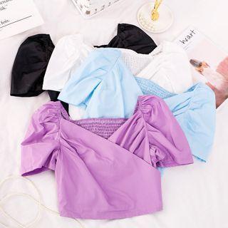 Plain Puff-sleeve V-neck Top