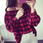 Off Shoulder Plaid Blouse Red - One Size
