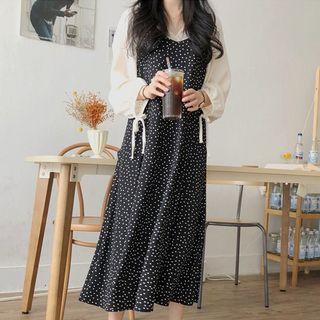 V-neck Blouse / Spaghetti Strap Dotted Midi Dress