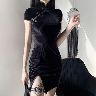 Cap-sleeve Slit Velvet Mini Qipao