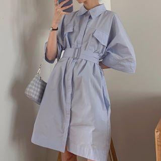 3/4-sleeve Midi A-line Shirt Dress Blue - One Size