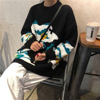 Mock Neck Print Oversized Sweater As Shown In Figure - One Size