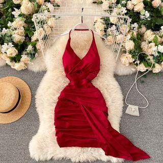 Halter Open-back Asymmetrical Ruched Dress