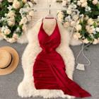 Halter Open-back Asymmetrical Ruched Dress