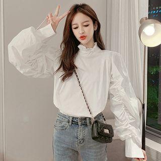 White Stand-collar Puff-sleeve Shirt