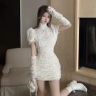 Set: Short-sleeve Lace Mini Sheath Dress + Oversleeves