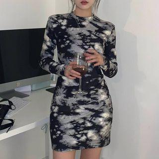 Long-sleeve Tie Dye Mock-neck Mini Dress Gray & Black - One Size