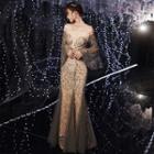 Mesh Panel Bell Sleeve Off-shoulder Sequined Mermaid Evening Gown