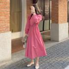 Long-sleeve Frill Trim Midi Dress Pink - One Size