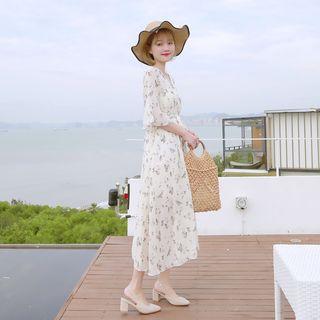 Floral Elbow-sleeve A-line Chiffon Dress / Midi Dress