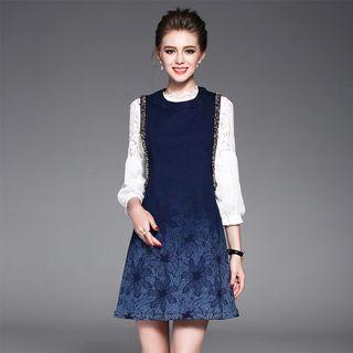 Set: Lace-panel Blouse + Printed Dress