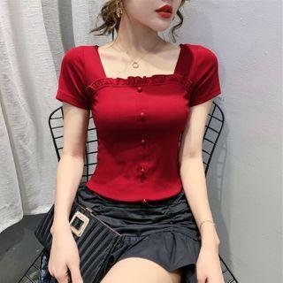 Short-sleeve Square-neck Ruffled Plain T-shirt
