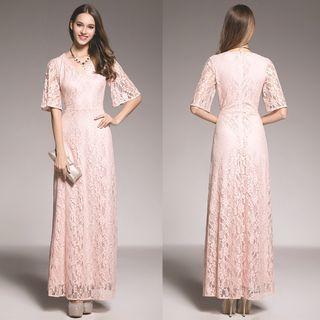 Short Sleeve V-neck Lace A-line Evening Gown
