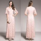 Short Sleeve V-neck Lace A-line Evening Gown