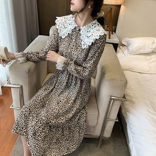 Leopard Long-sleeve Midi A-line Dress / Sweater Vest