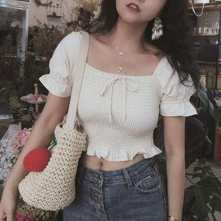 Puff Sleeve Square Neck Cropped Smocked Top