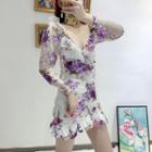 Long-sleeve V-neck Floral Print Mini A-line Dress