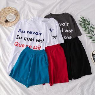 Set: Letter Print Short-sleeve T-shirt + Plain Shorts