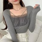 Long-sleeve Frill Trim Mesh Panel Fitted Top